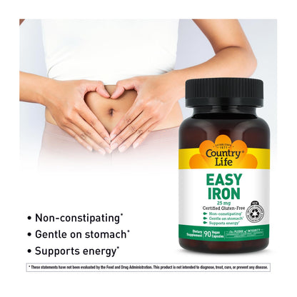 Country Life Easy Iron 25 mg | Gentle, Non-Constipating Iron Supplement | Supports Energy & Red Blood Cell Production | Certified Gluten-Free & Vegan | 90 Vegan Capsules