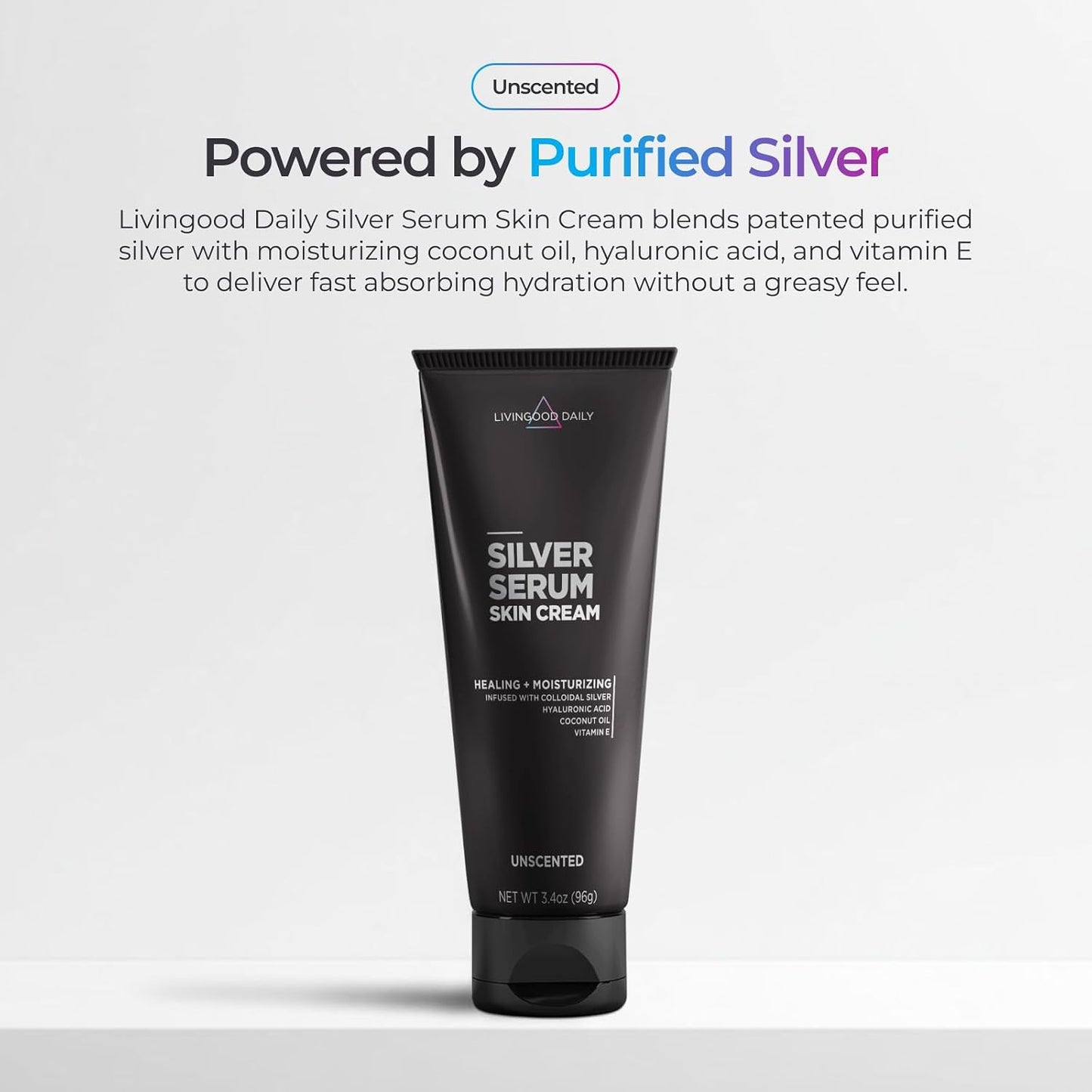 Livingood Daily Silver Serum Skin Cream, Moisturizing Body Cream with Colloidal Silver, Hyaluronic Acid, Coconut Oil & Vitamin E, Unscented Body Moisturizer for Dry Skin, Women & Men, 3.4 Oz