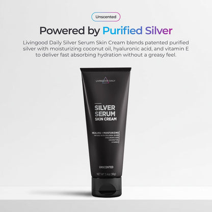 Livingood Daily Silver Serum Skin Cream, Moisturizing Body Cream with Colloidal Silver, Hyaluronic Acid, Coconut Oil & Vitamin E, Unscented Body Moisturizer for Dry Skin, Women & Men, 3.4 Oz