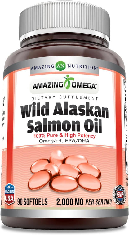 Amazing Omega Wild Alaskan Salmon Oil 2000mg Per Serving Softgels Supplement (90)