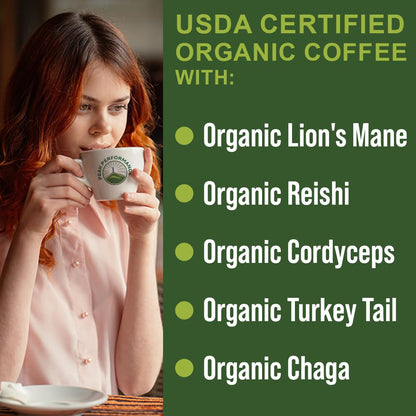 Organic Mushroom Coffee Pods with Lion's Mane, Reishi, Cordyceps, Turkey Tail, and Chaga Mushrooms. High Altitude, Low Acid, Smooth Tasting, Fair Trade, Instant Nootropic Coffee (Medium Roast Ground)