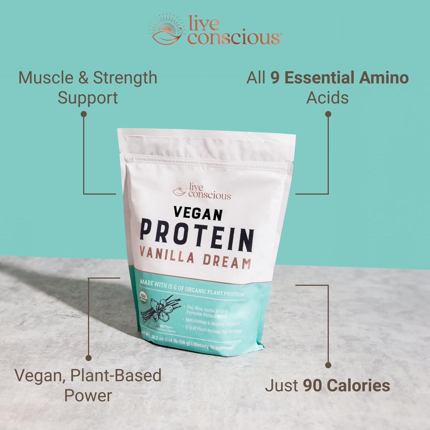 Live Conscious Cosmic Cacao - Organic Vegan Protein Powder, Chocolate Flavor, Plant-Based Blend - Pea Protein, Brown Rice, Pumpkin, Sacha Inchi - 20 Servings, 17 oz