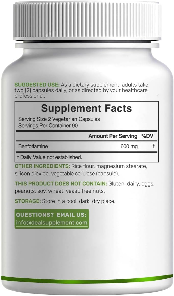 Benfotiamine 600mg Per Serving, 180 Veggie Capsules (300mg Per Cap) – Fat Soluble Vitamin B1 Thiamine Supplement – 3rd Party Tested, Vegan, Non-GMO, Gluten Free