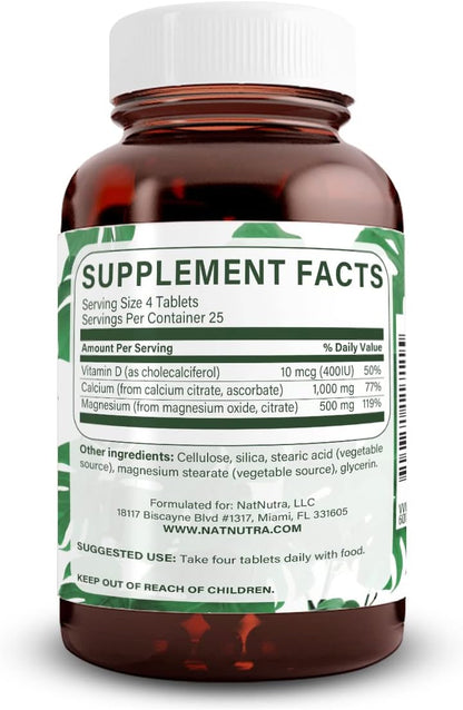 Natural Nutra Cal-Mag Citrate with Vitamin D3,1000/500 mg Complex, Strengthen Bone Density, Muscle and Nerve Health, Help Maintain Healthy Teeth, Highly Bioavailable Sources, 100 Vegan Tablets
