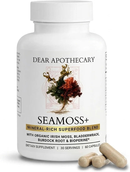 Organic Seamoss+ - Irish Moss 500mg, Bladderwrack 500mg, Burdock Root 400mg with BioPerine - Non-GMO, Made in USA - 60 Capsules (30-Day Supply)