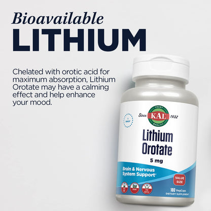 KAL Lithium Orotate 5mg, Low Dose Lithium Supplement for General Wellness Mood Support, Highly Bioavailable, Vegan, 60-Day Guarantee, 180 Servings, 180 VegCaps