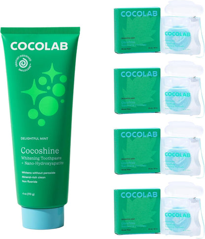 Cocolab Cocofloss Oral-Care Set, 4 Spools Dental Floss & 1 Cocoshine, Woven String Floss with Coconut Oil, Powerful Whitening Toothpaste, Dentist-Designed, Delightful Mint