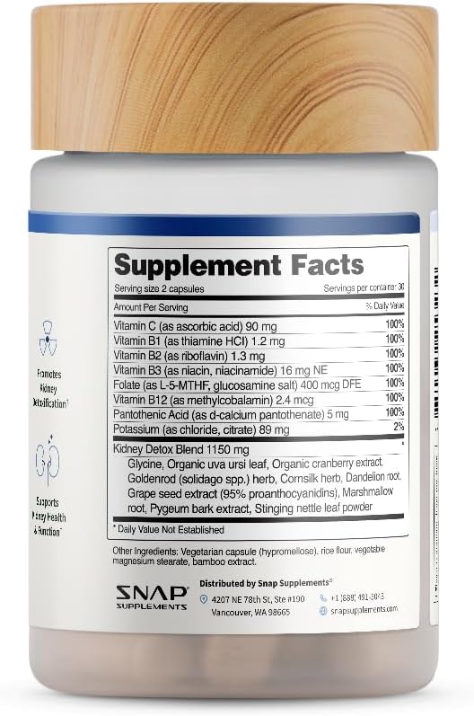 Snap Supplements Kidney Health Support Supplement for Women & Men, 60 Count | Organic Cranberry Extract, Grape Seed Extract, Urinary Tract Support, Non-GMO Vegan Formula