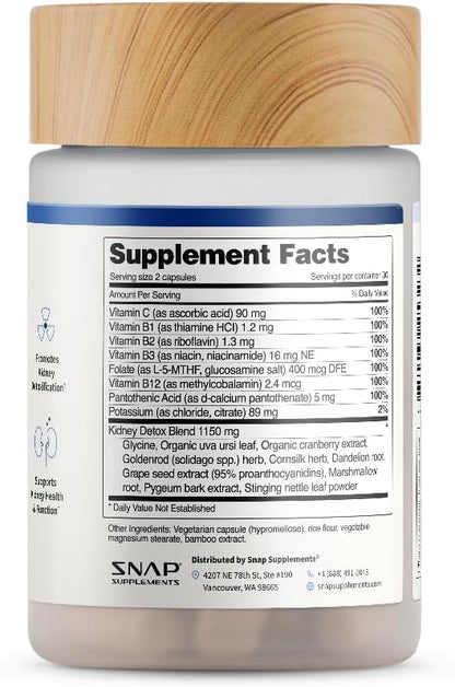 Snap Supplements Kidney Health Support Supplement for Women & Men, 60 Count | Organic Cranberry Extract, Grape Seed Extract, Urinary Tract Support, Non-GMO Vegan Formula