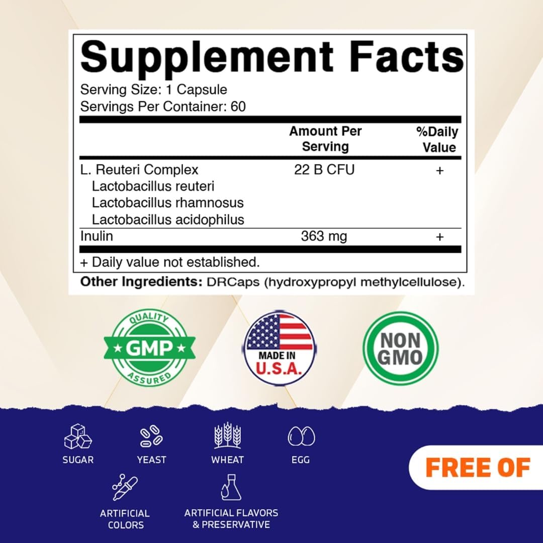 Vitamatic Lactobacillus Reuteri Complex – 22 Billion CFU per Delayed Release Capsule – 60 Capsules – Digestive & Gut Health Support – with Prebiotic Inulin Fiber
