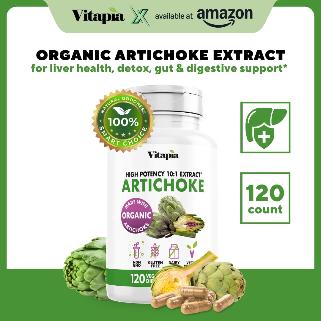 Vitapia Organic Artichoke Extract Supplement - Liver Cleanse Detox & Repair, Liver Health, Digestion, Antioxidant Support - 120 Vegan Capsules, Non GMO, Gluten Free