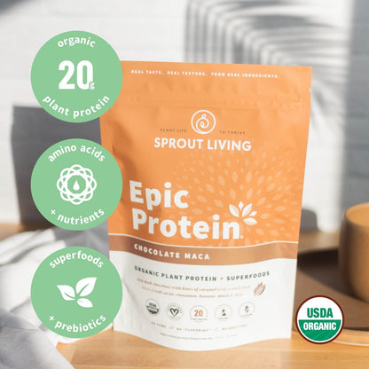 Sprout Living Epic Protein Bundle - Chocolate Maca & Vanilla Lucuma (20g Organic Plant-Based Protein Powder, Vegan, Gluten Free, Superfoods) | 1lb, 12 Servings