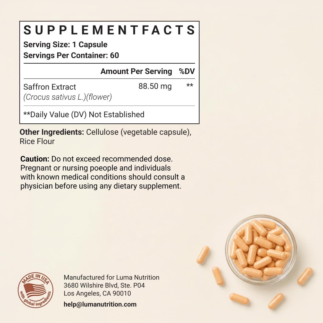 Luma Nutrition Saffron Supplement - Mood and Eye Support - 60 Capsules