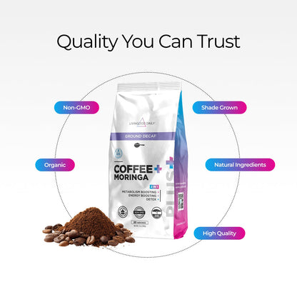 Livingood Daily Coffee with Moringa, Ground Medium Roast Coffee with Plant Based Ingredients for Morning Energy, Made with Moringa Powder, Organic, Non GMO, Vegan, Gluten Free, 20 Servings, 12 oz Bag