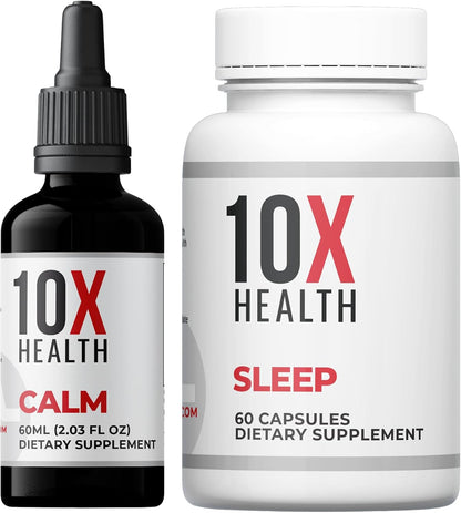 10X Health Calm Drops - AM Calm + PM Sleep Kit | L-Theanine & GABA Liquid Drops + Magnesium, L-Theanine & Melatonin Capsules, 2-Pack