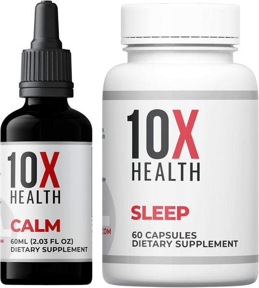 10X Health Calm Drops - AM Calm + PM Sleep Kit | L-Theanine & GABA Liquid Drops + Magnesium, L-Theanine & Melatonin Capsules, 2-Pack