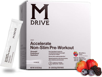 Mdrive Accelerate Non-Stimulant Pre Workout Mixed Berry 30 Stick Packs | Strength Endurance Hydration Nitric Oxide Pump Beet Root RipFACTOR EnXtra Electrolytes Focus Caffeine Free Plant Based