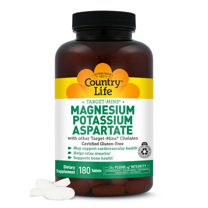 Country Life Target-Mins Magnesium Potassium Aspartate 600 mg/198 mg, Heart, Muscle & Bone Support, Vegan, Gluten-Free, Kosher, 180 Tablets