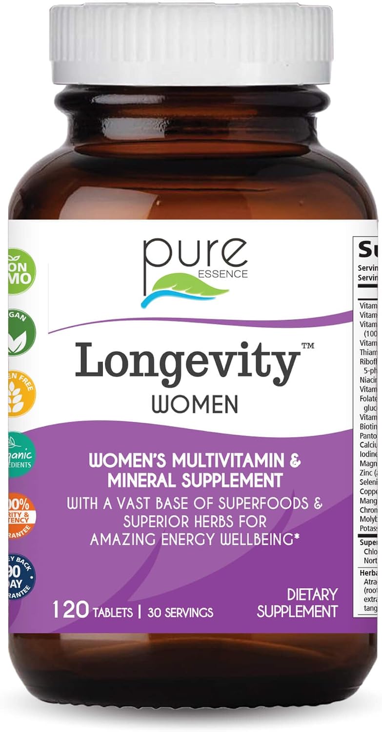 Pure Essence Longevity for Women Over 40 Multivitamin - Vitamins with Superfoods, Whole Foods, Minerals, Antioxidants and Immune Support - 90 Tablets