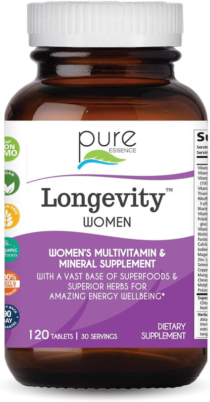 Pure Essence Longevity for Women Over 40 Multivitamin - Vitamins with Superfoods, Whole Foods, Minerals, Antioxidants and Immune Support - 90 Tablets