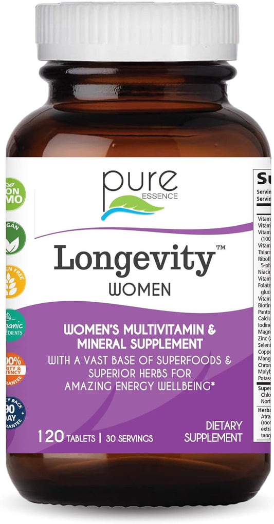 Pure Essence Longevity for Women Over 40 Multivitamin - Vitamins with Superfoods, Whole Foods, Minerals, Antioxidants and Immune Support - 90 Tablets
