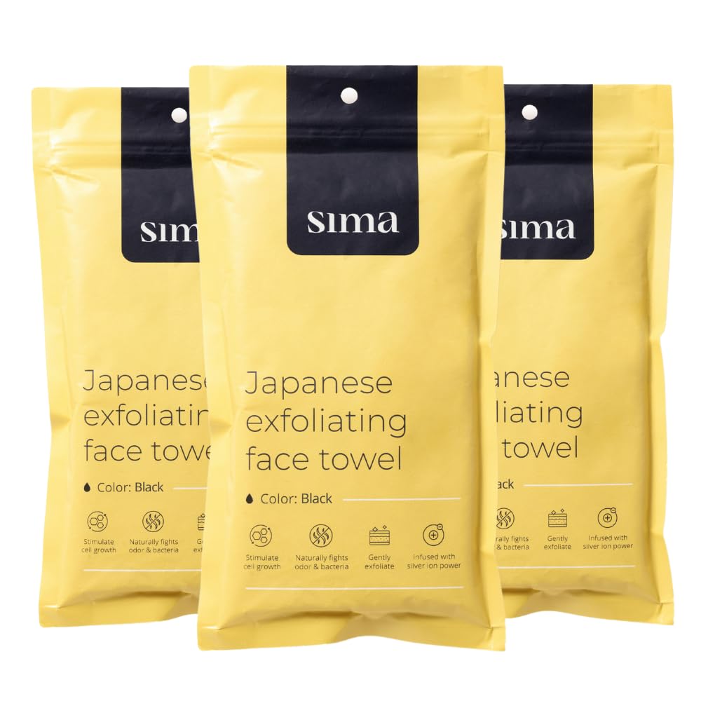 Exfoliating Washcloth Face & Body Scrub Towel - Japanese Exfoliating Towel with Hexagon Fibers, Body Scrubber with 2 Sides for Scrubbing & Washing (Black, 27cm x 35cm)