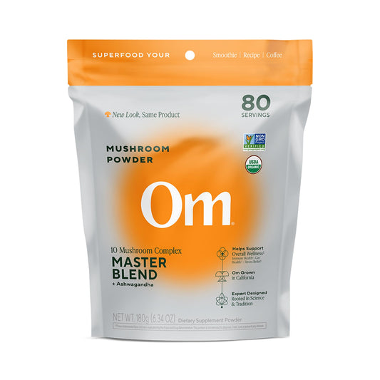 Om Master Blend Mushroom Powder – Organic Mushroom Supplement with 10 Mushrooms and Ashwagandha - Support Immunity, Gut Health & Stress Relief, 3.17 oz (40 Servings)