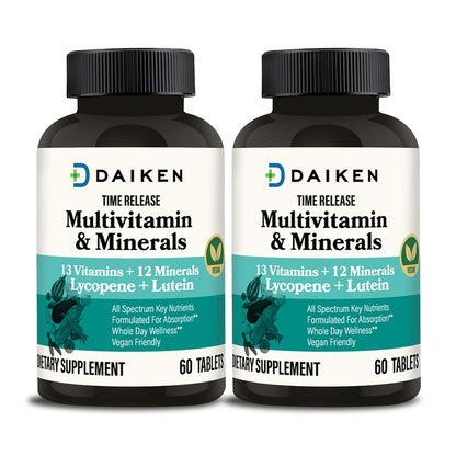DAIKEN Mini Multivitamin, 60 Tablets, Enhanced with Lutein, Lycopene & Folic Acid, Time Released Multivitamin for Women & Men, Vegan & Easy to Swallow (Pack of 2)
