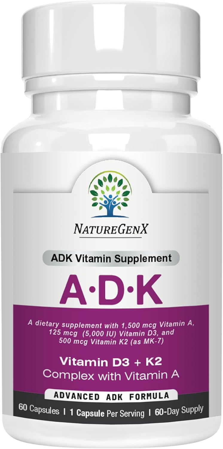 NatureGenX ADK Vitamin Supplement – Vitamins A, D3 & K2 MK-7 for Bone Health & Calcium Absorption – Gluten-Free, Non-GMO, Soy-Free – 60 Capsules (2-Month Supply) | For Bone Health & Calcium Absorption - Immune Support, Gluten-Free, Non-GMO, Soy-Free - 60
