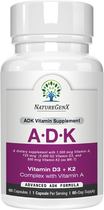 NatureGenX ADK Vitamin Supplement – Vitamins A, D3 & K2 MK-7 for Bone Health & Calcium Absorption – Gluten-Free, Non-GMO, Soy-Free – 60 Capsules (2-Month Supply) | For Bone Health & Calcium Absorption - Immune Support, Gluten-Free, Non-GMO, Soy-Free - 60