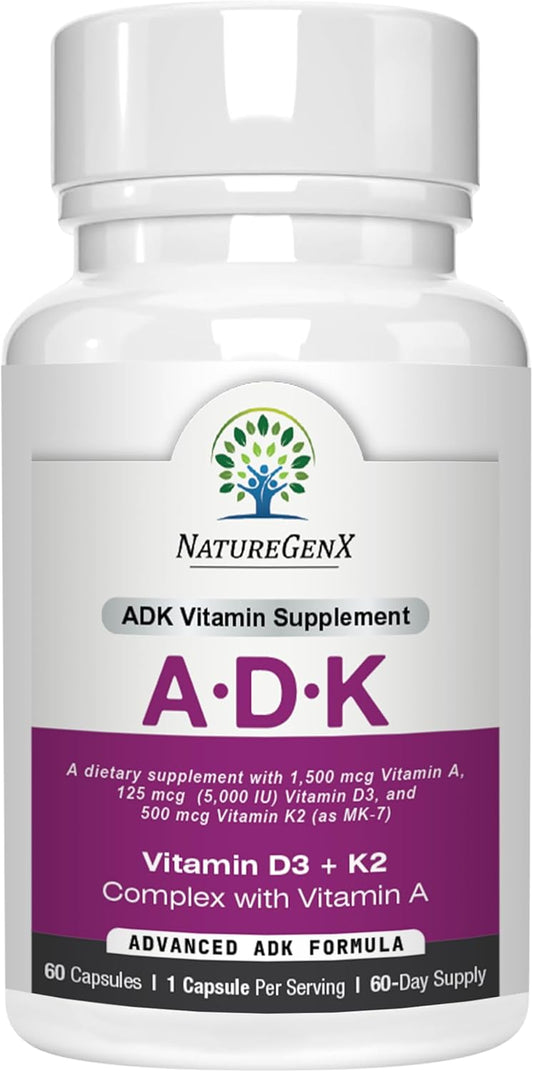 NatureGenX ADK Vitamin Supplement – Vitamins A, D3 & K2 MK-7 for Bone Health & Calcium Absorption – Gluten-Free, Non-GMO, Soy-Free – 60 Capsules (2-Month Supply) | For Bone Health & Calcium Absorption - Immune Support, Gluten-Free, Non-GMO, Soy-Free - 60