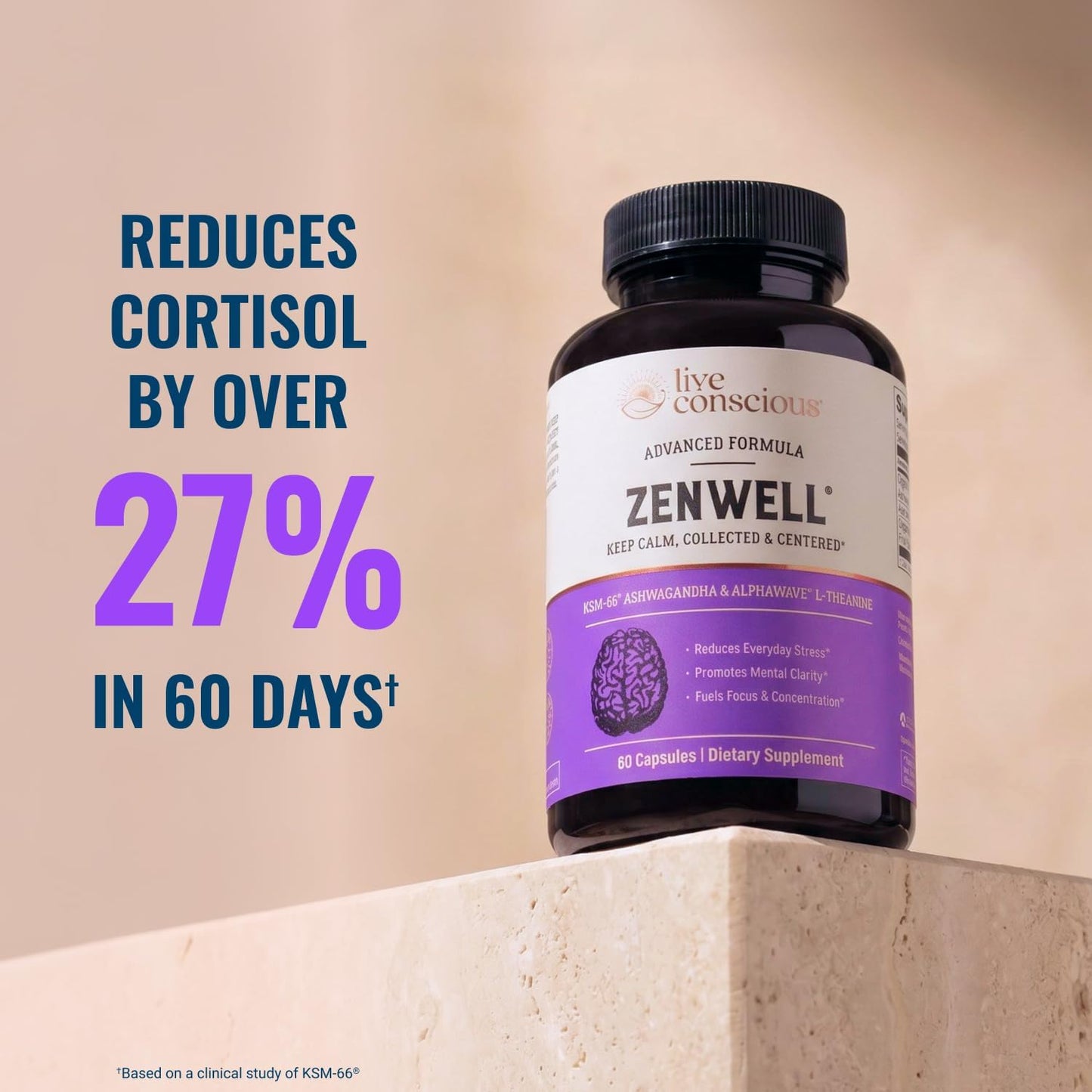 Live Conscious KSM-66 Ashwagandha Supplement w/L Theanine & AlphaWave - ZenWell Everyday Stress Relief, Cognitive, Brain Health - Ashwagandha for Men & Women - 60 Capsules