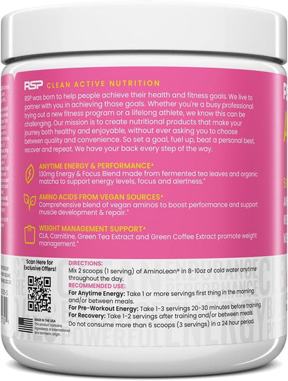 AminoLean Pre Workout Powder & Natural Amino Energy with Vegan BCAA + EAA | Jitter-Free Preworkout Energy from Green Tea + Amino Acids & Weight Management for Women & Men - Vegan, Zero Sugar, No Crash