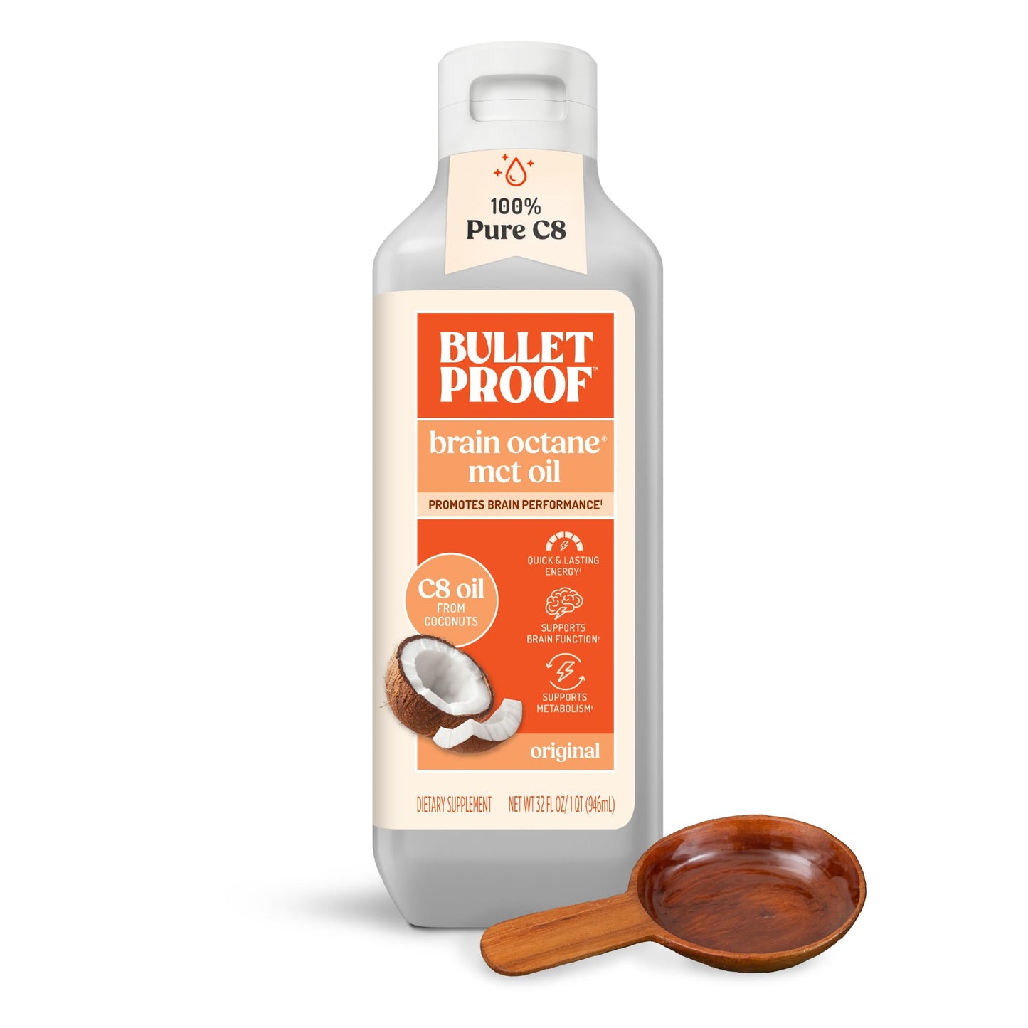 Bulletproof Brain Octane C8 MCT Oil, 16 oz – 100% Pure Coconut Oil, Triple-Distilled Keto Energy Supplement for Coffee & Smoothies, Unflavored, No Additives or Fillers, Non-GMO