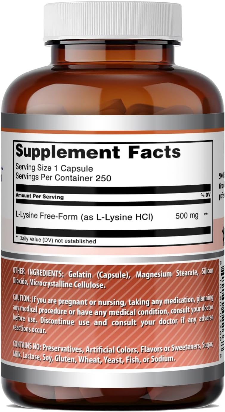 Amazing Formulas L-Lysine 500 Mg Amino Acid Supplement | Capsules | Non-GMO | Gluten-Free | Made in USA (1 Pack | 250 Count)