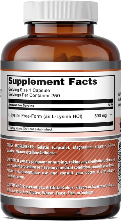 Amazing Formulas L-Lysine 500 Mg Amino Acid Supplement | Capsules | Non-GMO | Gluten-Free | Made in USA (1 Pack | 250 Count)