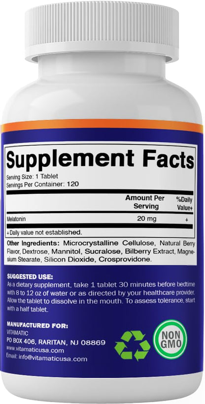 Vitamatic Melatonin 20 mg Fast Dissolve Tablets, 120 Count, Made in USA | Support Restful Sleep & Healthy Sleep Cycles*, Non GMO, Gluten Free
