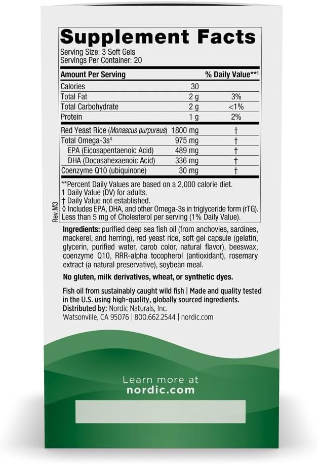 Nordic Naturals Cholesterol Support, 975mg Omega-3 + Red Yeast Rice + CoQ10 | Red Yeast Rice supports healthy LDL cholesterol naturally. EPA & DHA omega-3s for heart health. Lemon. Non-GMO. 20 servings.