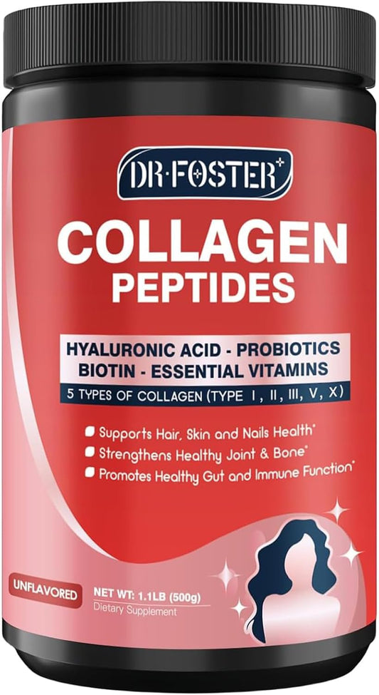 DRFOSTER Multi Collagen Peptide Powder with Probiotics, 50 Servings | Hydrolyzed Collagen Peptides with Hyaluronic Acid, Biotin & Multivitamins, Supports Skin Hair Nail & Gut