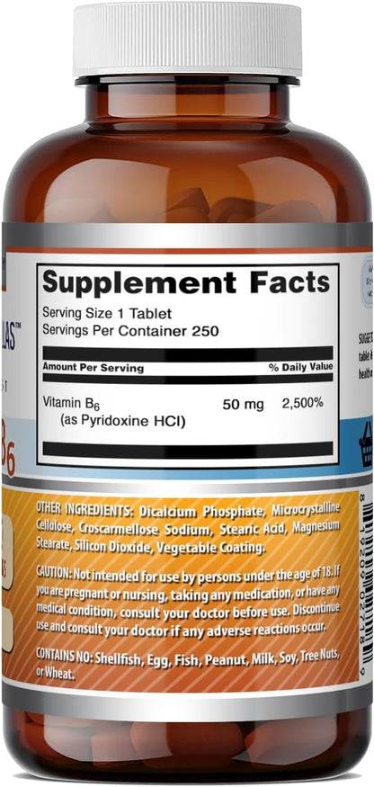 Amazing Formulas Vitamin B6 Pyridoxine 50mg 250 Tablets Supplement | Non GMO | Gluten Free | Made in USA