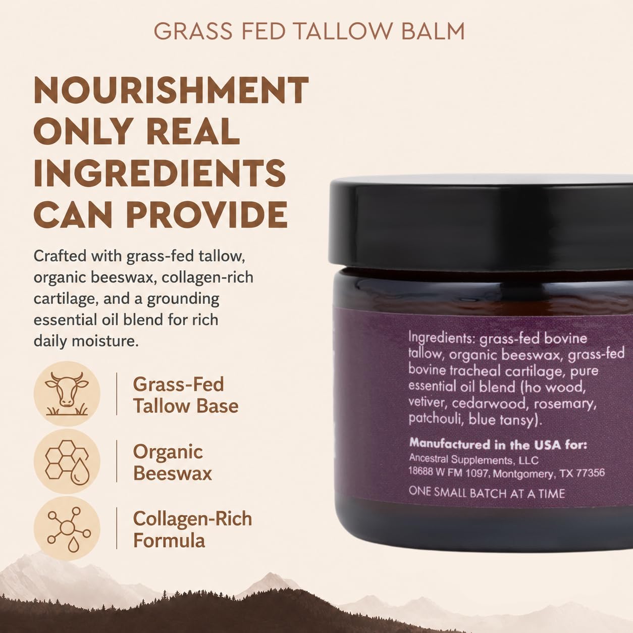 Ancestral Supplements Tallow Balm with Collagen, Face & Body, 2 oz | Whipped beef tallow for skin moisturizes face & body with vitamins A, D, E and K, plus an essential oil blend scent.