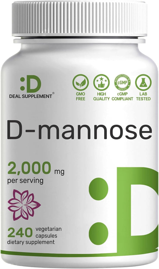 DEAL SUPPLEMENT D Mannose 500mg Capsules (2,000mg Per Serving), 240 Veggie Pills – Fast Acting Water-Soluble Form – Extra Strength Urinary Tract (UTI) Health Support – Non-GMO, Vegan Friendly