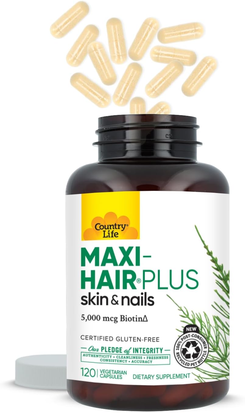 Country Life Maxi-Hair Plus Hair Skin & Nails Vitamin, 5,000 mcg Biotin, 120 Vegetarian Capsules, Gluten Free