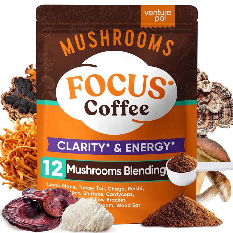 Venture Pal Mushroom Coffee, 12 Mushrooms, Focus & Digestion, 40 Servings | 12 Adaptogenic Mushrooms with Lion's Mane, Cordyceps, Reishi, Turkey Tail, Ashwagandha & Probiotics, Low Caffeine & Calories