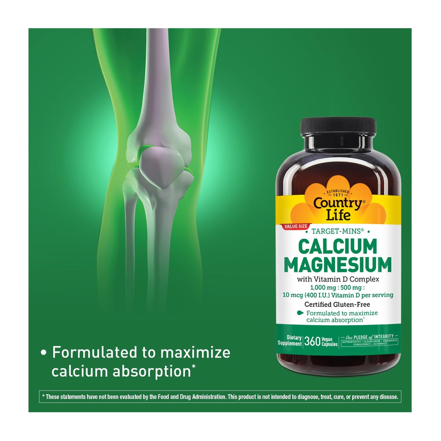 Country Life Target-Mins Calcium Magnesium with Vitamin D-Complex, 1000mg/500mg/10mcg, 240 Vegan Capsules, Certified Gluten Free, Certified Vegan