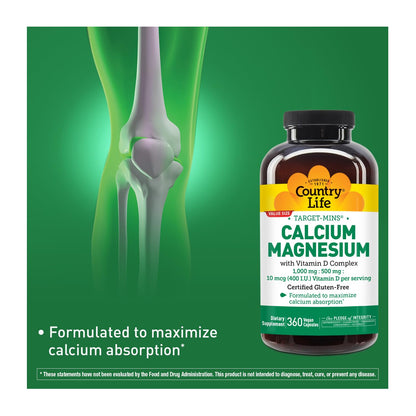 Country Life Target-Mins Calcium Magnesium with Vitamin D-Complex, 1000mg/500mg/10mcg, 240 Vegan Capsules, Certified Gluten Free, Certified Vegan