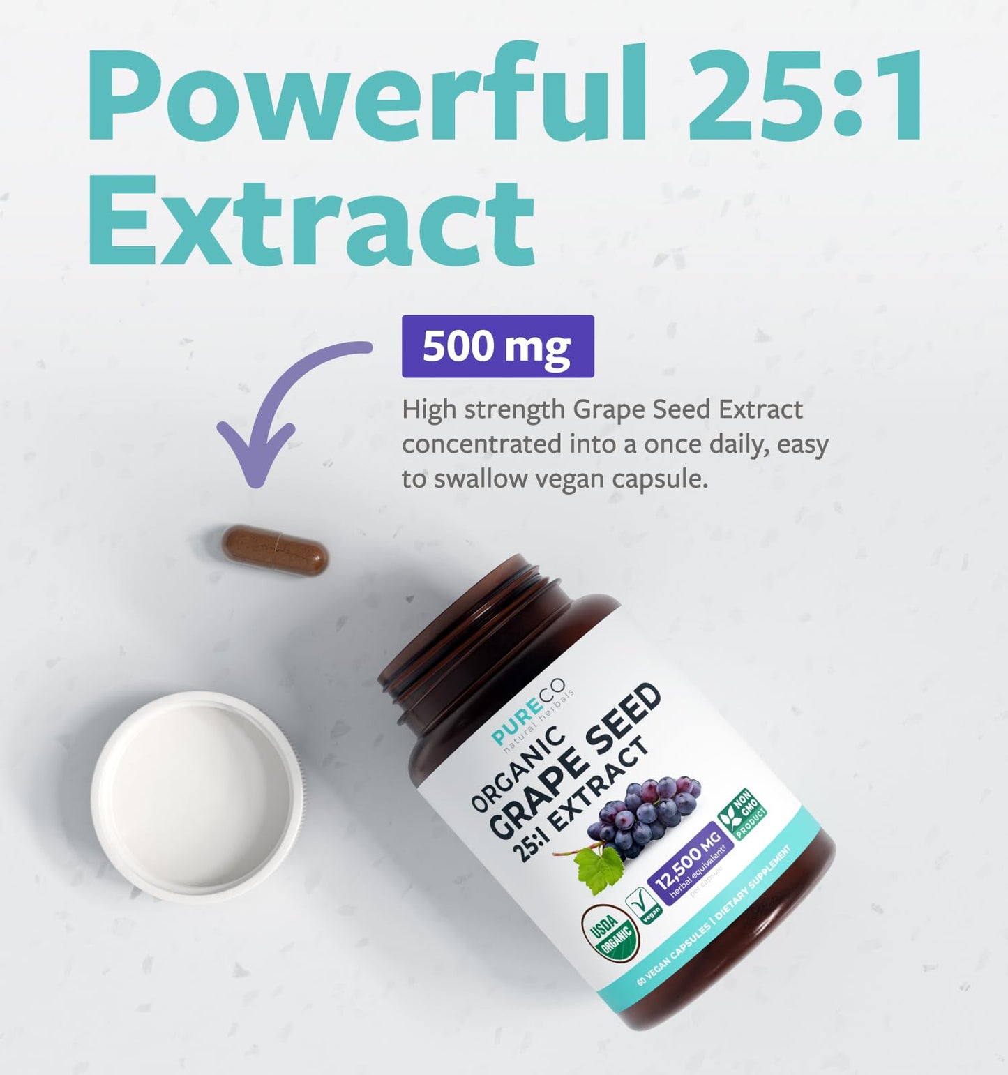 PURE CO USDA Organic Grape Seed Extract - High Potency 25:1 Grapeseed Supplement with 12,500mg Herbal Equivalent Strength - Antioxidant Support - Vegan & Non-GMO (4 Month Supply)