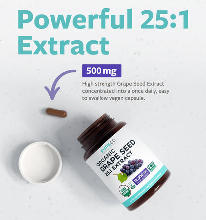 PURE CO USDA Organic Grape Seed Extract - High Potency 25:1 Grapeseed Supplement with 12,500mg Herbal Equivalent Strength - Antioxidant Support - Vegan & Non-GMO (4 Month Supply)