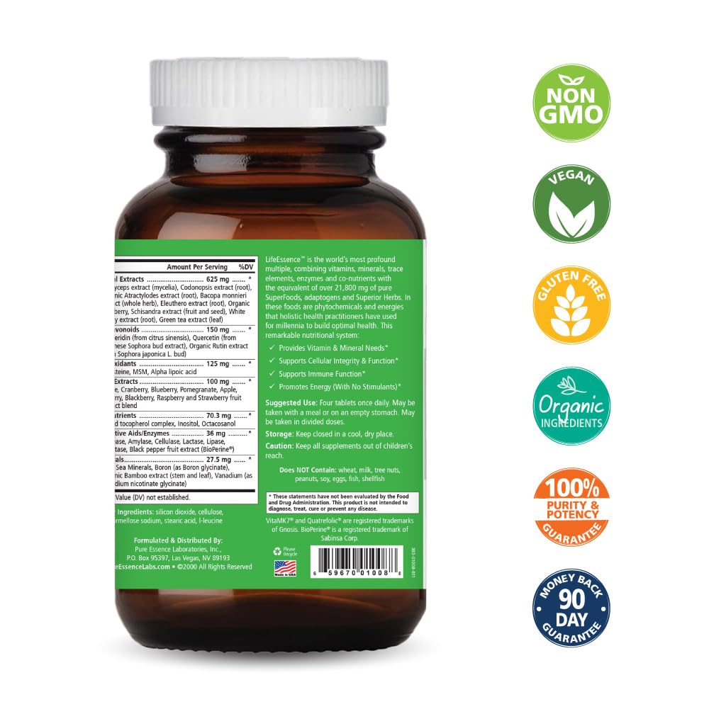 PURE ESSENCE LABS LifeEssence Multivitamin for Women and Men - Natural Herbal Supplement - Vitamin D, Vitamin D3, Vitamin B12, Biotin with Whole Foods (240 Tablets)