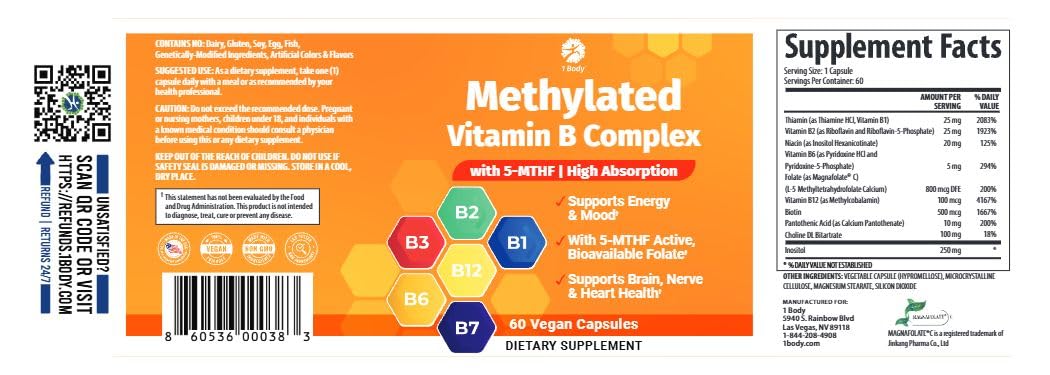 1 Body Methylated Vitamin B Complex, 5-MTHF & Methyl B12, 60 Capsules
